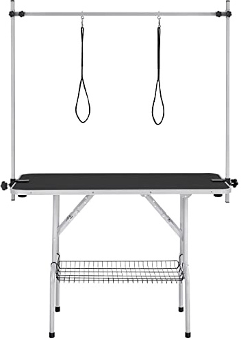Yaheetech Foldable & Portable Pet Grooming Table for Home - Stainless Steel H-Shape Frame Height Adjustable Pet Beauty Table w/Arm/Noose/Mesh Tray, 45in x 24in