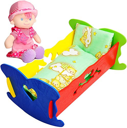 alles-meine.de GmbH 2 TLG. Set: Puppenwiege/Puppenbett - mit Bettzeug + Stoffpuppe/Schmuspuppe - Mädchen - buntes Naturholz - für Puppen - Decke & Kopfkissen - Holz Wiege..