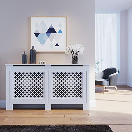 ELEGANT Radiator Covers Large White Cross Slat Painted Cabinet, 19Dx152Wx81.5H cm | Radiator Shelve Wood Wipe for Living Room/Bedroom/Kitchen/Hallway