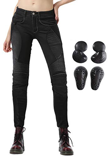 Takuey Women Motorcycle Riding Jeans Motocross Racing Pants with Upgrade Knee Hip Pads (27, Black)