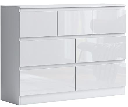 FWStyle Merchant 7 Drawer Chest of Drawers Matt White frame with White Gloss Fronts – Contemporary Scandinavian Bedroom Storage Unit with Deep Spacious Drawers and Durable Melamine Scratch
