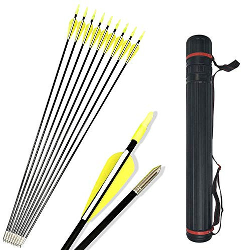 SHARROW 12pcs Fiberglaspfeile Bogen und Pfeile 31 Zoll Bogenpfeile für Bogenschießen mit Köcher für Pfeile Pfeilköcher Recurvebogen Zielübungspfeile (Gelb)