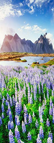 A.Monamour Türtapete Selbstklebend Türfolie Türposter 3D Lupine Blumen Fluss Stokksnes Kap Vestrahorn Berg Island Vinyl Folie Türdeko Tapete Wandbild Türaufkleber Türtattoo 77 x 200 cm