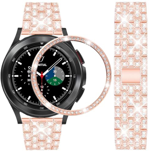 DEALELE Armband Kompatibel mit Samsung Galaxy Watch 4 Classic (46mm), 20mm Luxus Diamant Metall Armbänder mit Strass Watch Face Bezel Ring Schutzhülle Ersatz für Damen Herren, Rose Gold