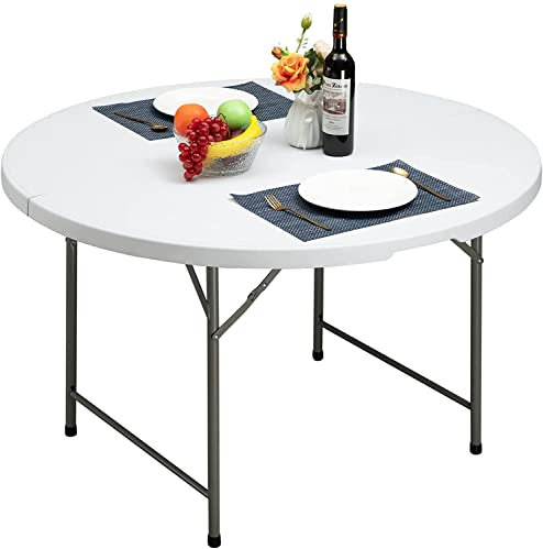 HollyHOME Klapptisch Rund 122cm Tisch Klappbar Gartentisch Wetterfest Campingtisch Tragbarer Balkontisch Klappbarer Esstisch für Küche BBQ Catering Party, Weiß