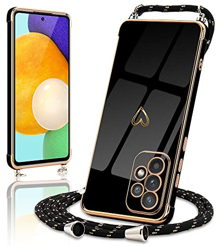Micoden Handykette für Samsung Galaxy A52/A52 5G/A52s 5G Hülle mit Band | Necklace Handyhülle Kameraschutz Herz Love Design Slim Galvanik Silikon TPU Case Kordel zum Umhängen Schutzhülle, Schwarz