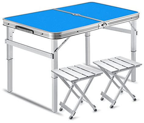 WANWEN Campingtisch mit 2 Hockern, Outdoor-Picknicktisch und Stühlen Set Travel BBQ Klappbares tragbares Sitzset Esszimmerstühle Hocker Aluminium Esszimmer (Color : Blue) Little Surprise