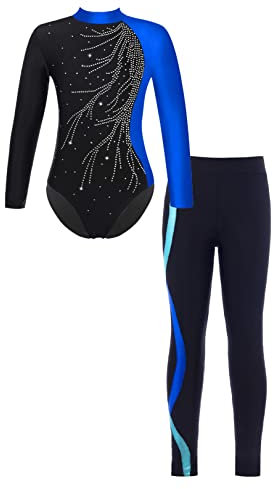 renvena Mädchen Gymnastikanzug mit Hose Leggings Turnanzug Langarm Bodysuit Trikot Body Lange Hose Skinny Tight Kinder Sport Ballett Kleidung Blau 122-128/7-8 Jahre