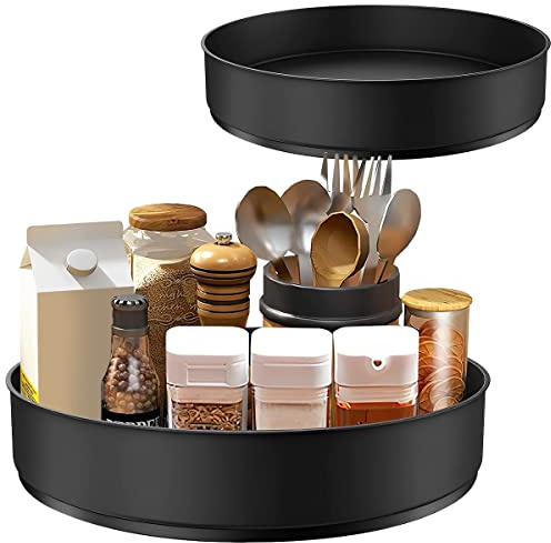 JTWEB Lazy Susan Drehteller,Drehbares Gewürzregal,360 Grad Rotierender Gewürzrega für Küche Speisekammer Schrank Schrank Tisch Arbeitsplatte, Edelstahl,(31 * 31 * 6cm,Schwarz) | Rundes Drehplatte Organizer für Küche Speisekammer Schrank Kühlschrank Tisch Rutschfest Kugelgelagert Metall Rondell
