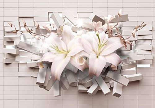 wandmotiv24 Fototapete Lilien 3D Wanddurchbruch, 200 x 140cm - selbstklebende Strukturtapete, Wanddeko, Wandbild, Wandtapete, Weisse, Blumen, Wand M1235