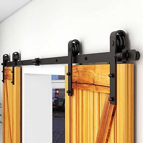 WOLFBIRD 152cm/5ft Schiebetürbeschlag Set Schiebetürsystem mit Bodenführung für Doppeltüren - Türbenutzung | Laufschienen für Schiebetüren - J Shape Aufhänger Set