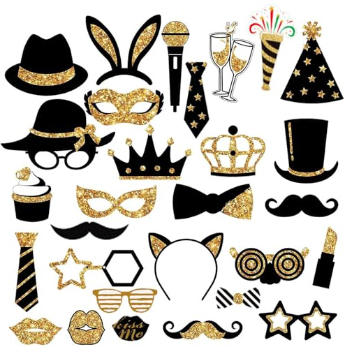 MUYAPAY Photo Booth Compleanno 29 Pezzi Accessori per Foto, Diver | tenti Props per Addobbi Festa Compleanno Donna (Oro)