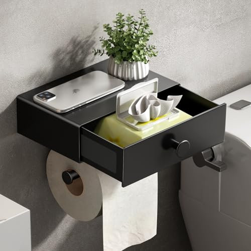 VOLDRA Toilettenpapierhalter Ohne Bohren, Klopapierhalter Mit Feuchttücherbox Klorollenhalter mit Schublade Ablage Papier Halterung für Wc & Bad-Wandhalterung(Matt-schwarz)