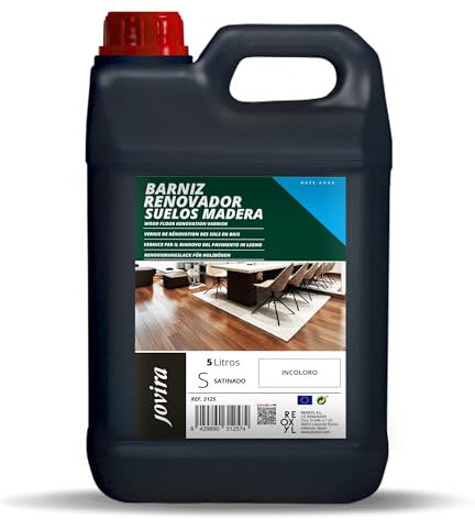 JOVIRA PINTURAS Barniz Renovador Protector para Suelos Laminados, Parquet y Madera – Decora, Protege y Disimula Arañazos – Resistente a Manchas y Desgaste. (5 Litros, Satinado) F-97C