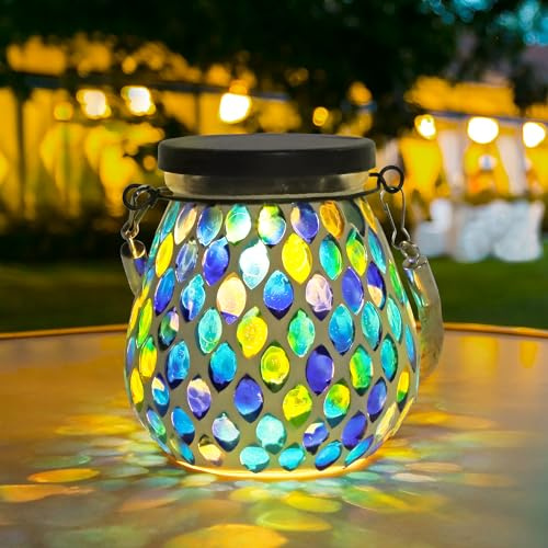 Mosaic Solar Lanterns Lights Outdoor: IP65 Waterproof Hanging Solar Lights Tabletop Decorative Table Lamps for Patio Porch Lawn Garden Yard 2 LED Warm White and RGB - Teardrop Blue