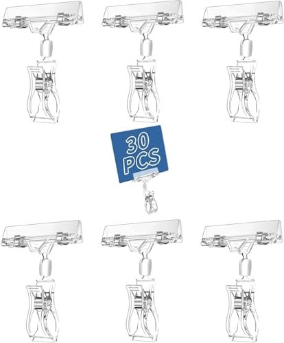 30 Stück Kunststoff Drehbare Schilderhalter, Transparente Preisschild Klammer Merchandise Schild Clip Display Clip Halter Preisschild Clip Halterung für Preisschilder für Supermarkt Homeoffice