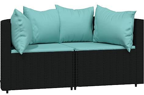 Makastle Modular Gartensofa 2-Sitzer Lounge Sofa mit Kissen, Garten Ecksofa Gartengarnitur Gartenstuhl, Klein Sitzgruppe Gartenlounge Sofa Balkonmöbel, Schwarz Poly Rattan