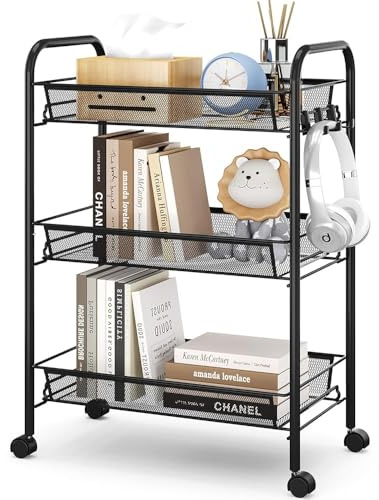 Urackify Carrello da cucina portatile multifunzione a 3 ripiani, per bagno, cucina e lavanderia, in metallo antiruggine, cestino a rete traspirante e gancio laterale incluso, facile da montare, nero