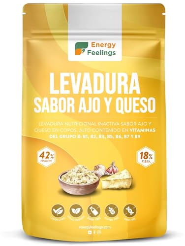 Energy Feelings Levadura Nutricional Sabor Ajo 250g, Levadura Nutritiva en Copos Rica en Vitamina B y Proteínas 43%, Nutritional Yeast Sin Gluten, Sin Azucar, Ideal para Queso Vegano