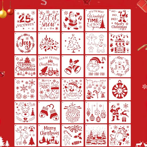 30 Stück Wiederverwendbar Große Weihnachtsschablonen (15x15cm) für Kunsthandwerk und Malen auf Holz, Wänden, Stoff, Steinen, Tafeln, Schildern, Türhängern und Kränzen, Leicht zu reinigen