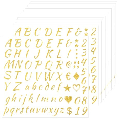 15 Blätter Glitzer Buchstabenaufkleber, Kleine Selbstklebende Alphabet-/Zahlenaufkleber Aufklebbare Buchstabenaufkleber für Scrapbooking Briefkästen Wasserflaschen Bastelarbeiten(Gold)