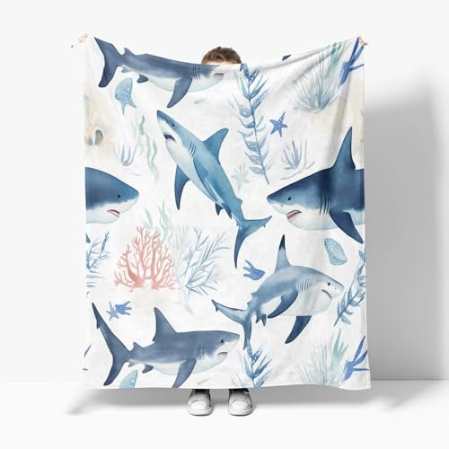 Hai Sherpa Decke für Bett, Cartoon Tierdruck Kuscheldecke, Warme und Flauschige Decke, 130 x 150 cm Bedruckte Decke für Sofa Bett Wohnzimmer, Schlafzimmer, Reisen und Camping