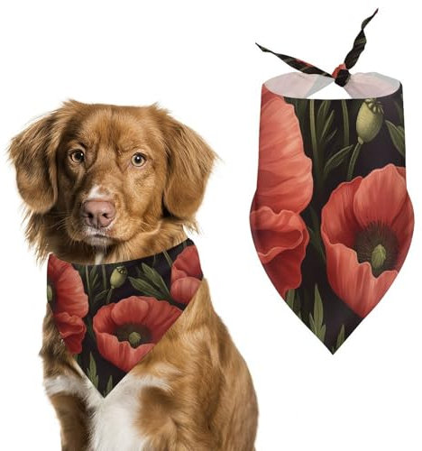 Hundehalstuch, rote Mohnblumen, grüne Blätter, Hundehalstuch, Lätzchen, für Haustiere, Größe L: 70 x 30 cm