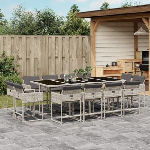 Somanki 13-TLG. Garten-Essgruppe mit Kissen Hellgrau Poly Rattan, Esstisch Mit Stühlen Set, Gartenmöbel Sitzgruppe, Balkon Möbel, Gartenlounge Set, Terrassenmöbel, Balkonmöbel Set - 3278170