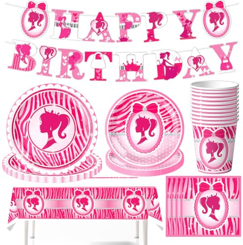 PLNVNVP 52Pcs Stoviglie per Compleanno Barbiprincipessa, Principessa Party Compleanno, Piatti Tazze Tovaglioli Banner Tovaglie, Kit di Stoviglie per la Festa di Compleanno, 10 Ospiti