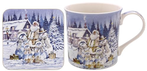 Lesser & Pavey Macneil Traditionelle weiße Weihnachtstasse und Untersetzer, Geschenkidee für Weihnachten, Weihnachtsmann, Schneemann, UK-Design, heiße Getränke, Tee, Kaffee