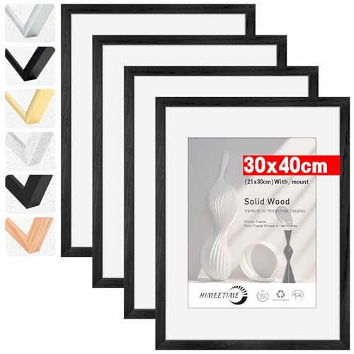 HIMEETIME® 4x Bilderrahmen,30x40 cm Schwarz Rahmen Bild mit Passepartout Display a4 (21x30cm),Holzrahmen Holz-Bilderrahmen Echtholz | Picture Frame 30x40 Fotorahmen zum Aufhängen