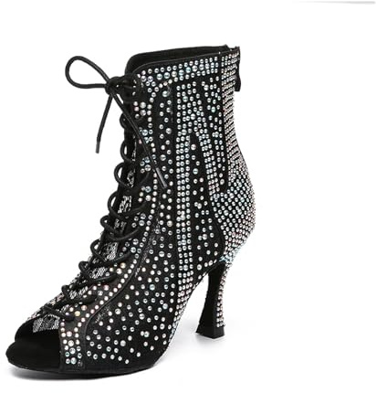 Uonpie Stivali a Rete Strass per Le Donne Scarpe da Ballo Latino con Tacco Alto Stivali,Nero,43EU
