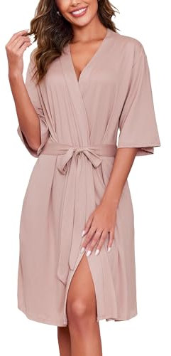 Ekouaer Bademantel Damen Leicht Dünn Morgenmantel Kurz Strick Superweich Dünner Loungewear mit Taschen, Hellrosa, XXL