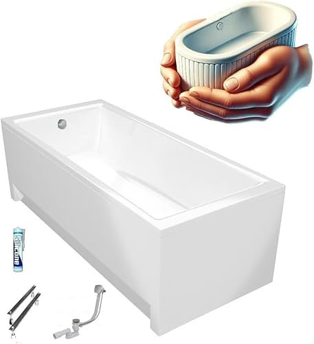 ECOLAM Baignoire rectangulaire Tami 150x70 cm + tablier | isolation ecoThermoPro | vidage et trop-plein automatique pieds et silicone | set complet