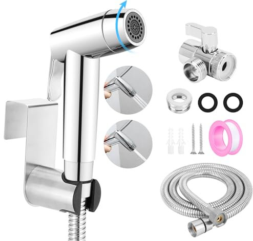 KOMCLUB Douchette à main pour bidet en acier inoxydable, kit ABS chromé pour couches en tissu avec robinet distributeur, toilettes flexibles et crochets