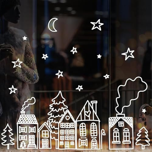 Wandtattoo Loft Fensterbilder Weihnachten Häuserreihe – Wiederverwendbar – A3 Bogen, 44 Sticker – Weihnachstdeko Fenster Kinderzimmer, Weihnachtsbilder Fenster, Fensterbild Winter, Fensterdekoration