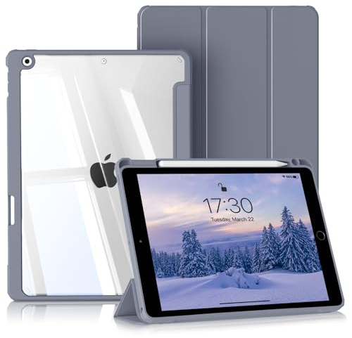 BQDIYOO Coque pour iPad 9e/8e/7e Générations 10.2 (2021/2020/2019), avec Support Pencil et Dos Rigide Transparent pour iPad 9/8/7 Fonction Réveil/Sommeil Automatique, Pourpre Clair