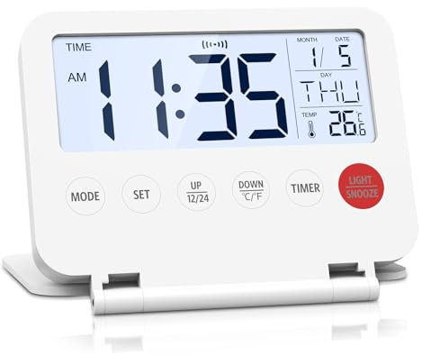 ORIA Digital Travel Alarm Clock, Large LCD Display with Date & Temperature, Front Button, 12/24H, Countdown, Snooze, Backlight, ℃/℉, Small Folding Battery Operated Desk Clock for Bedroom - White
