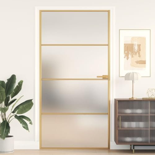 Homgoday Innentür Glastür Zimmertür Komplettset Bürotür Modernes Design Tür mit Griff für Zuhause und Büro Schlank Golden 102,5x201,5 cm Hartglas und Aluminium