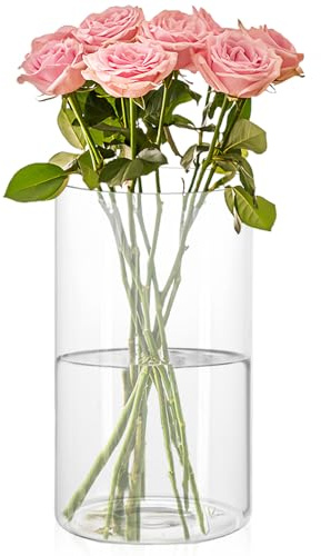 WIYETY Jarrón de cristal cilíndrico minimalista: modernos jarrones de flores, jarrón de cristal transparente para decoración de mesa, salón, dormitorio, boda, cumpleaños (30 x 10 cm)