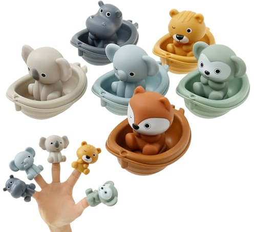 Harupink 6 Stück Tiere Fingerpuppen Badewannenspielzeug mit Schwimmendes Boot,BPA-frei,Lustige Wasserspielzeug Kinder Outdoor ab 3 Monate,Badespielzeug Baby Badewanne Spielzeug