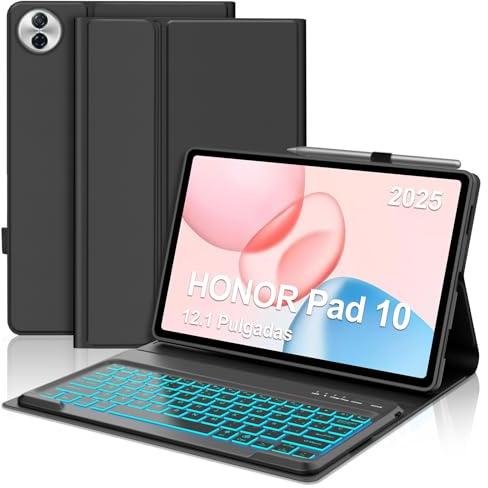SENGBIRCH Funda con Teclado para Honor Pad 10 12.1, Español Ñ Teclado QWERTY Diseño Retroiluminación para Honor Pad 10 2025 12.1 Pulgadas, Magneticamente Desmontable Keyboard, Negro