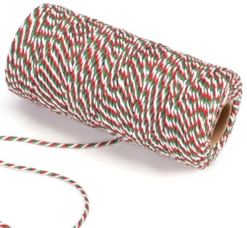 Grün Rot und Weiß Baumwollschnur 2mm, Weihnachten Bastelschnur, 100M Paketschnur zum Einpacken von Geschenken, Weihnachten Deko Kordel für Adventskalender Weihnachten Geschenke DIY Verpackt