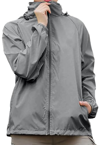 Chaquetas de correr para mujer, impermeables, de secado rápido, con capucha, cuello alto, cremallera completa, manga larga, para entrenamiento, ciclismo, gimnasio, deportes, con bolsillo lateral, gris