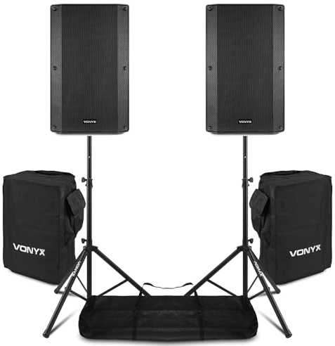 VONYX VSA120S 12 Active PA Speaker Pair with Speaker Stands, Bluetooth Connectivity & Protective Speaker Covers - 800W DJ Powered Speaker System Package