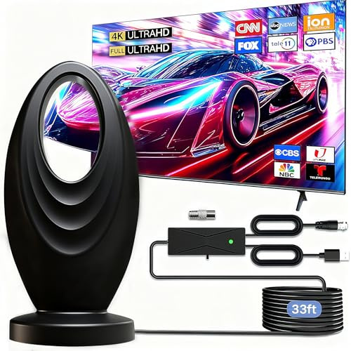 Indoor TV Aerial with Amplifier Signal Booster, Long Range 650+ Miles Reception, Digital HDTV Antenna for Freeview, Smart TV ariels & Older TVs, Supports 4K, 1080P HD Local Channels（Black）