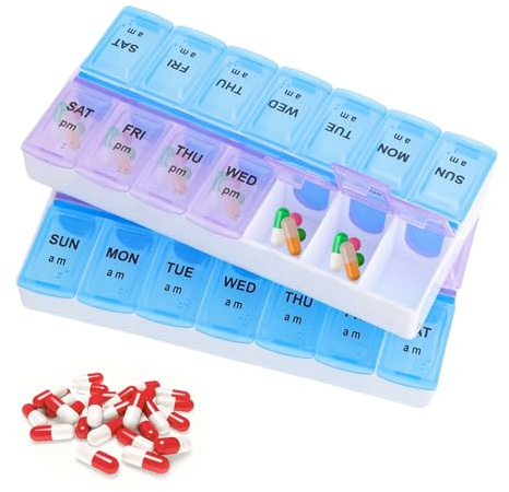 JYYWTSI 2 st. pillerask 7 dagar 2 fack, tablettlåda 7 dagar på morgonen, bärbar pillerdosa, totalt 14 fack, pillerask morgon kväll för mediciner, vitaminer och fiskolja