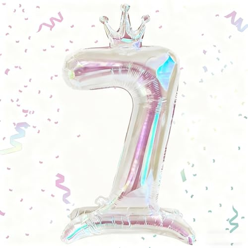 Tourima 32 Zoll Transparenter Iridescent Folienballon Zahl 7 mit Krone, großer Helium Ballon 7 für Geburtstagsdeko Kinder, Luftballon 7 Jahre Junge & Mädchen, Zahlenluftballons Groß Partydeko