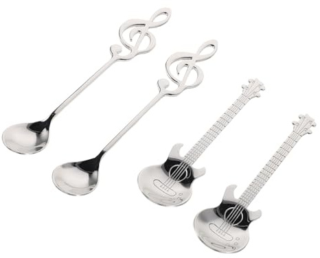 Homoyoyo Lot de 4 Cuillères à Café en Acier Inoxydable 304 Forme Guitare et Note de Musique Cuillères à Dessert Mélanger Argentées 155 CM pour Café Thé et Desserts