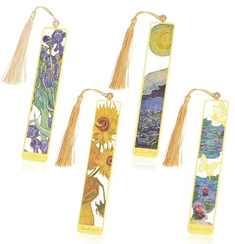 4 Pcs Metal Bookmark with Tassel, Golden Hollow Book Mark for Women Men, Van Gogh Monet Oil Painting Theme Bookmarks, Gift for Book Lovers Readers Writers Bookworm Friends
